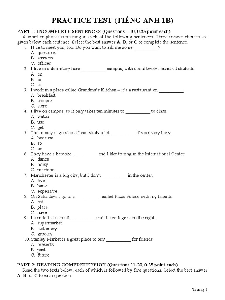Practice test tieng anh 1b student pdf language arts discipline