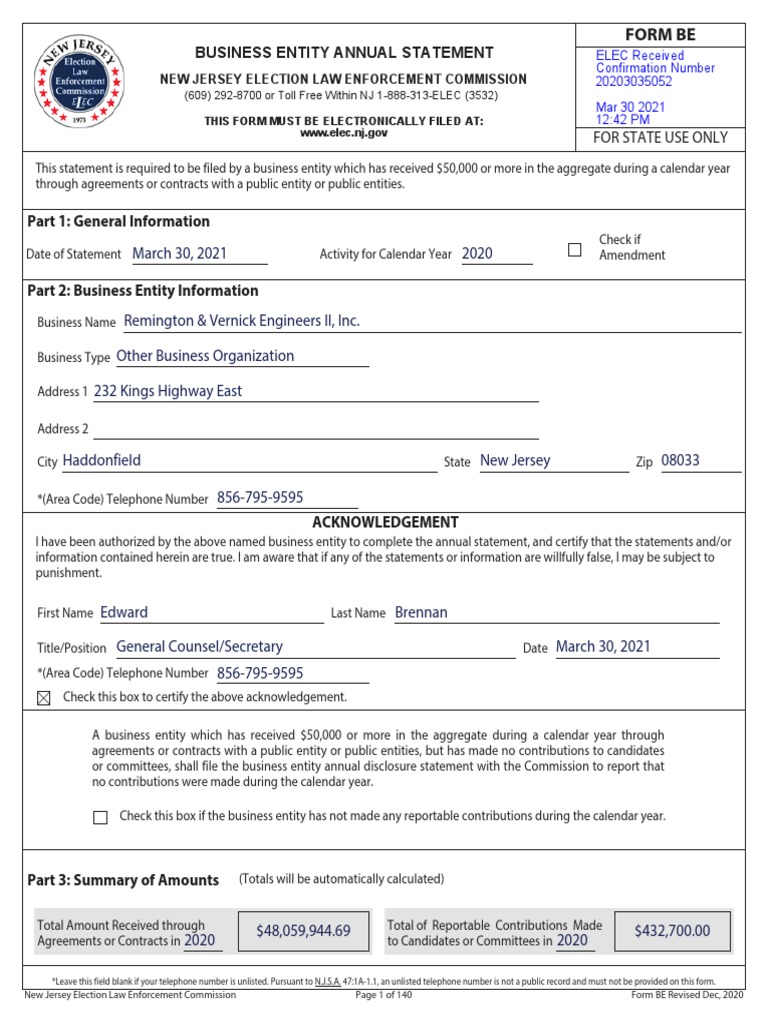Remington & Vernick Engineers II, Inc.-2020 - BE - Form | PDF | New Jersey  | Civil Engineering