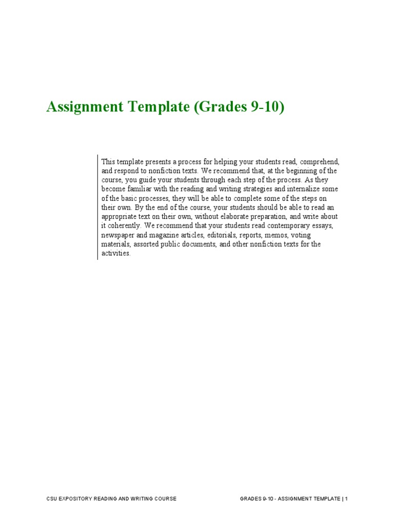 Csu Expository Reading and Writing Course Grades 910 Assignment