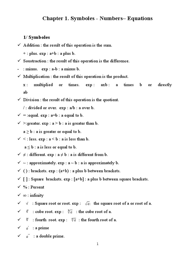 Symboles Numbers Equations PDF Quantity Mathematical Objects