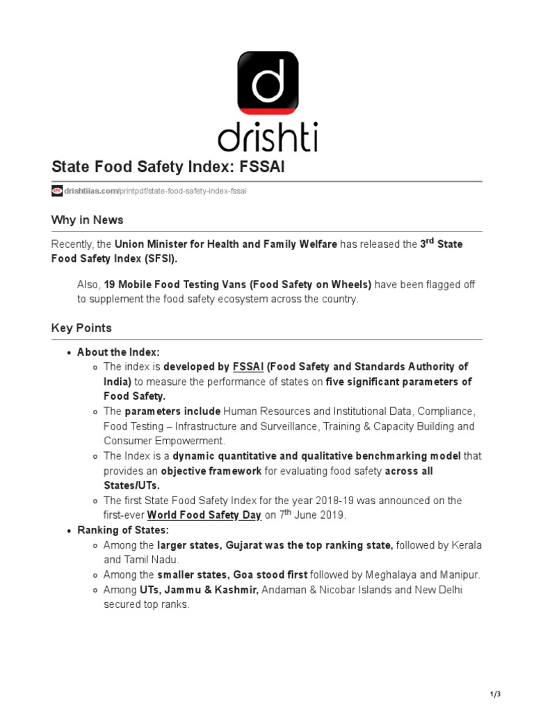 State Food Safety Index FSSAI Why in News PDF Foodborne Illness
