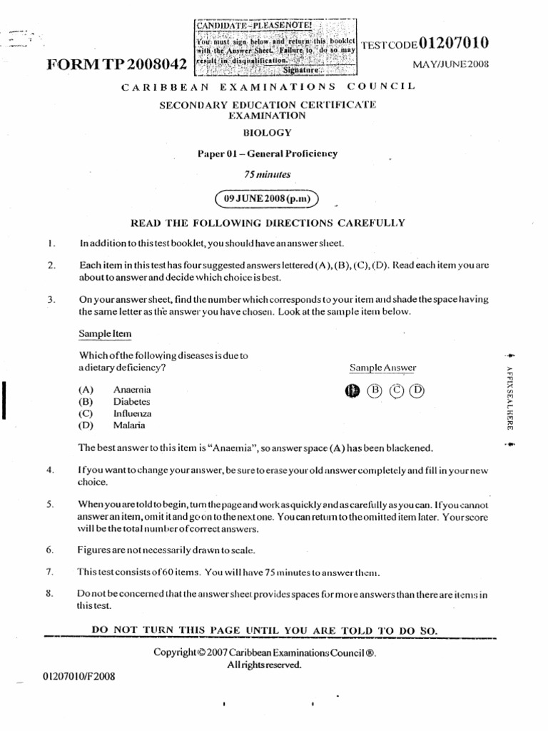 Csec Biology June 2008 P1 Answers Pdf