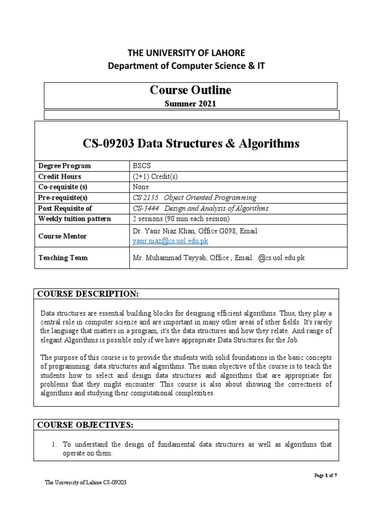 Course Outline (Data Structures and Algorithms) 2021 | PDF | Software ...