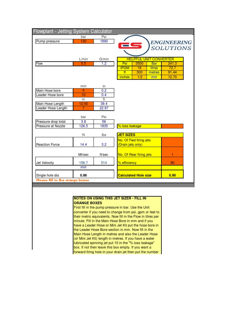 Flowplant Jetting System Calculator Hydraulic Pump Total Power (KW