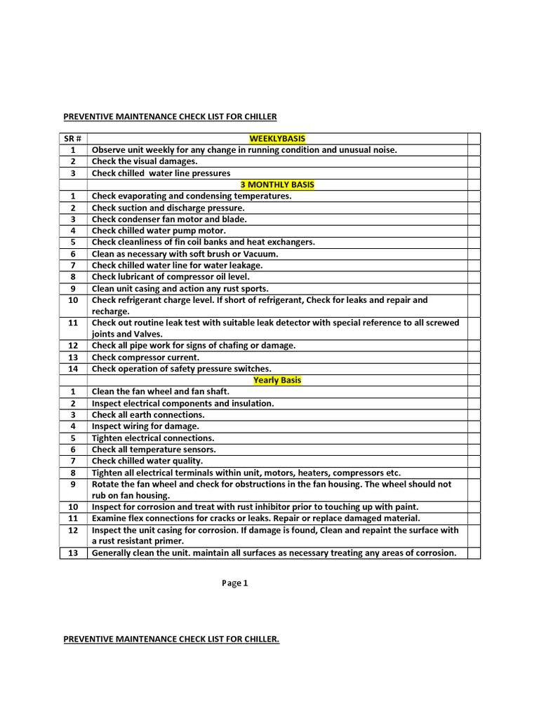 Comprehensive Preventive Maintenance Checklist for Chillers with Weekly