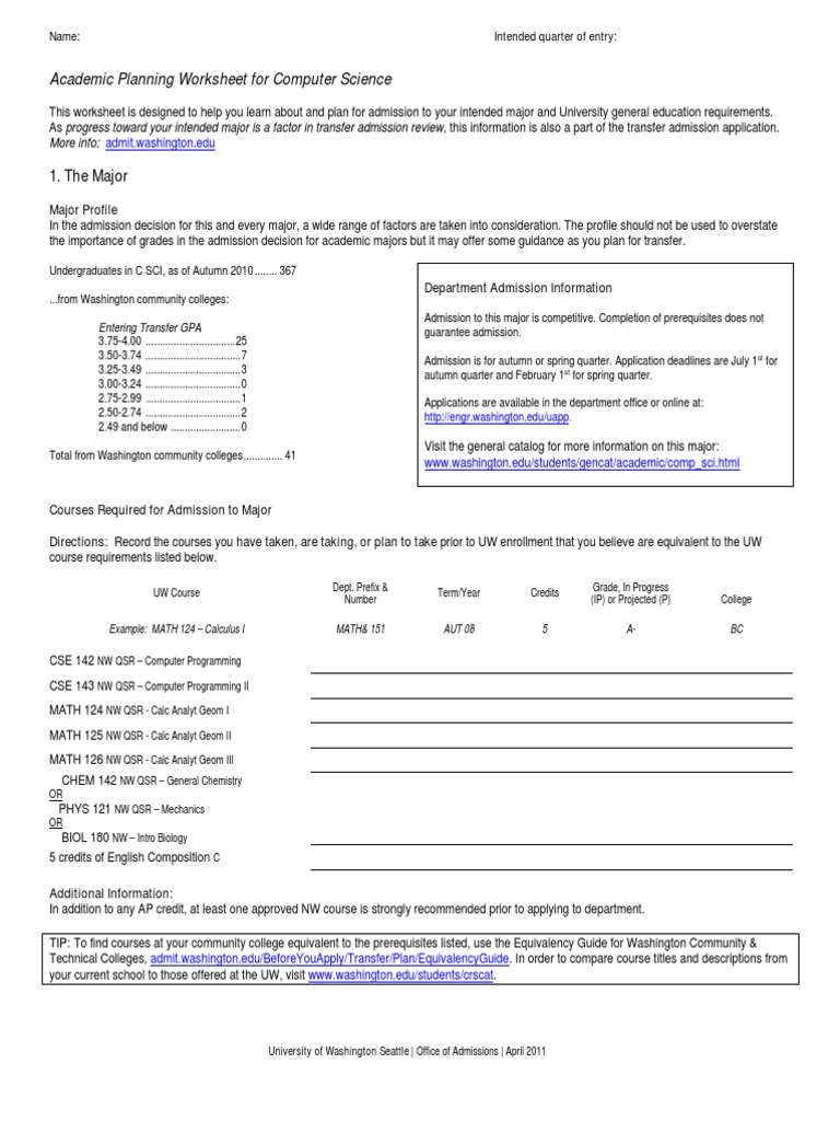 The Major Academic Planning Worksheet For Computer Science PDF