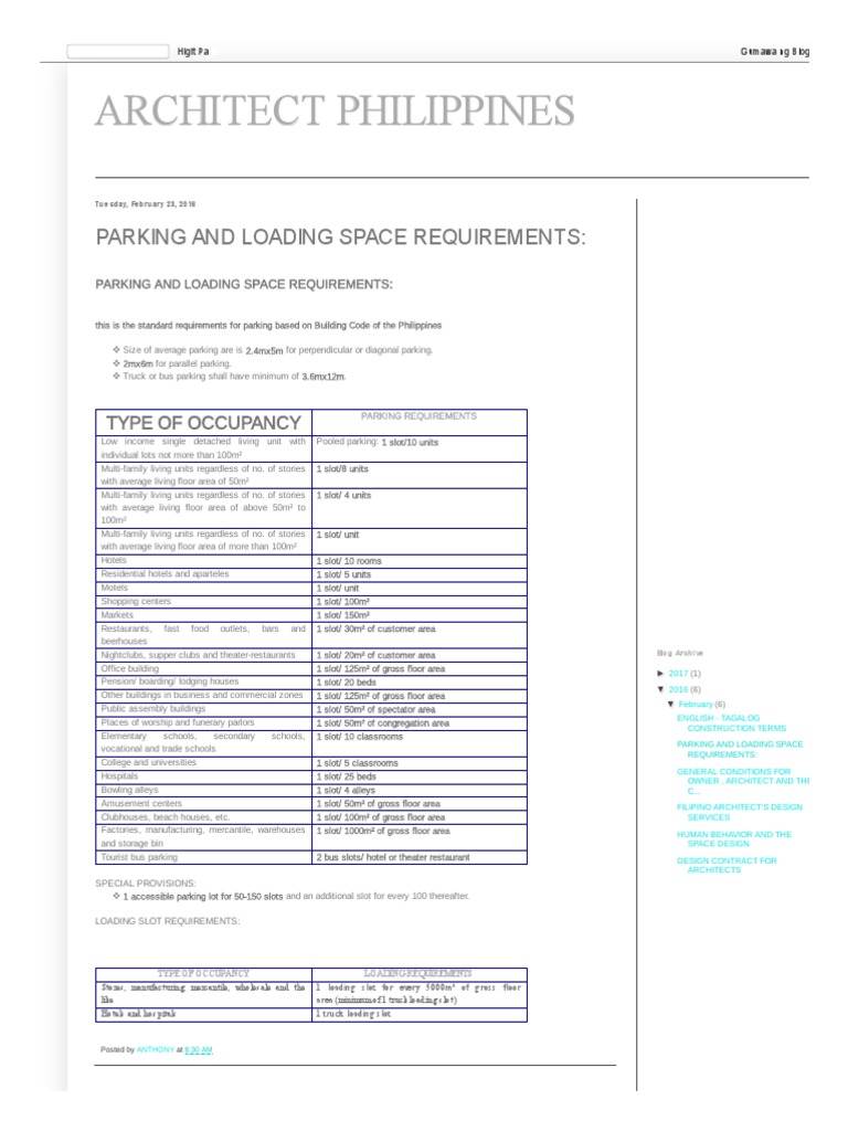 Architect Philippines Parking And Loading Space Requirements Pdf