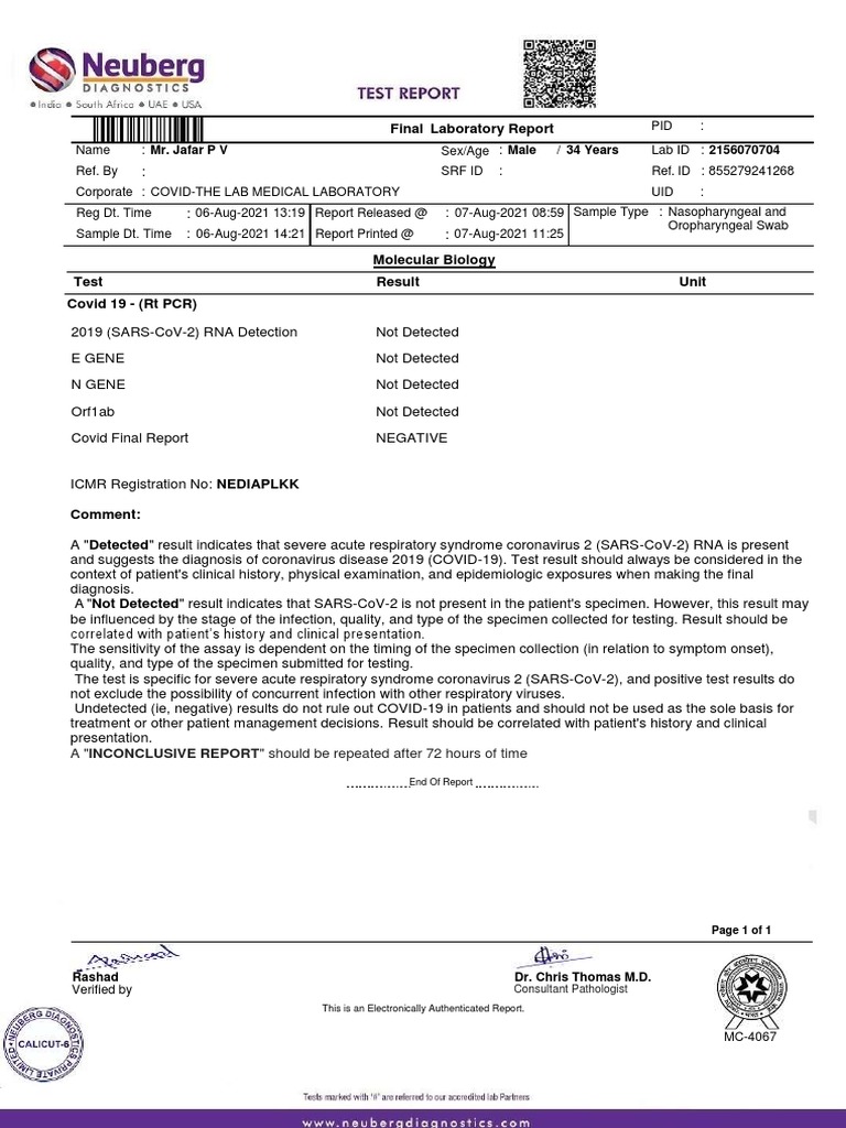 Final Laboratory Report A "INCONCLUSIVE REPORT" Should Be Repeated After 72 Hours of Time PDF