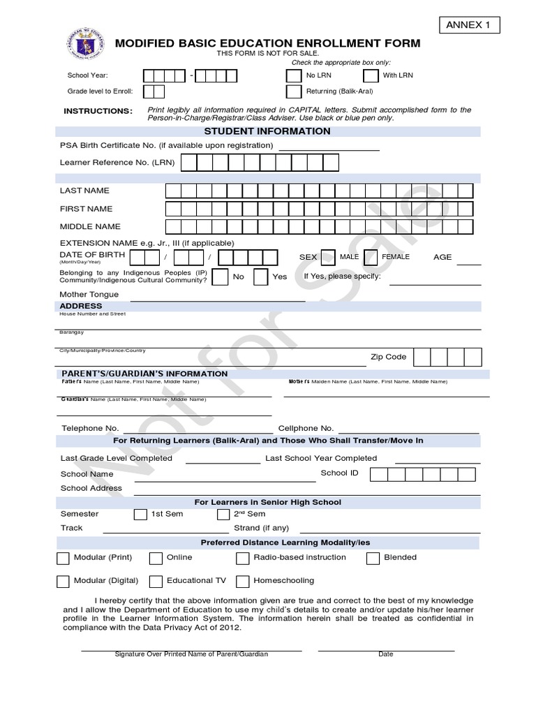 Modified Basic Education Enrollment Form: Student Information | PDF ...