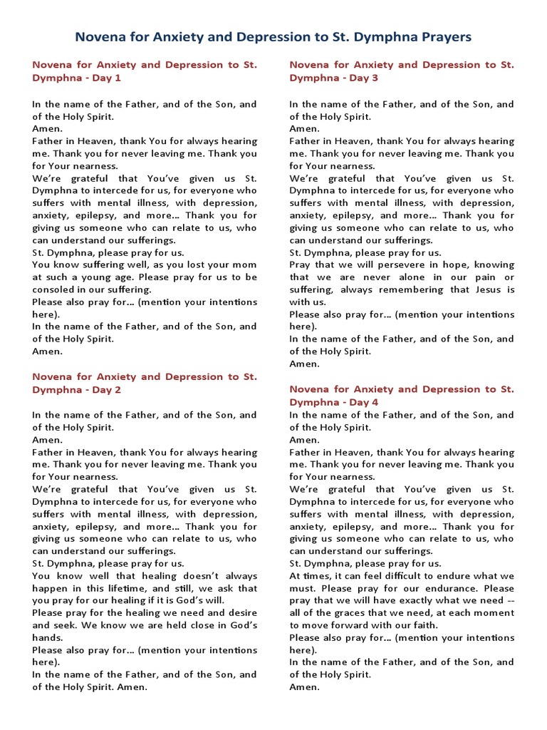 Novena For Anxiety And Depression To St Dymphna Pdf Intercession