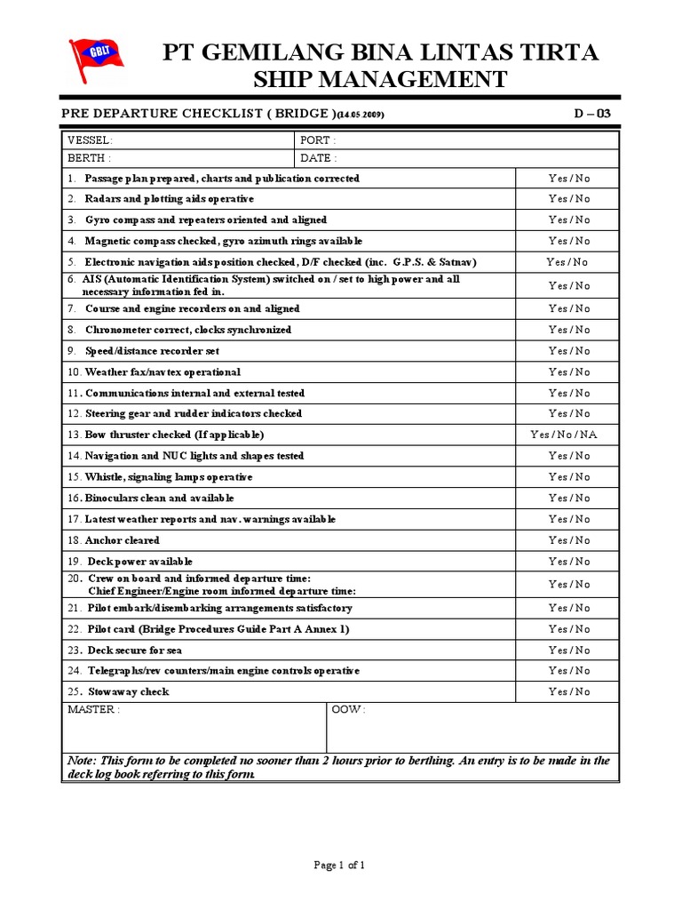 Pre Departure Checklist for Vessels | PDF | Navigation | Water Transport