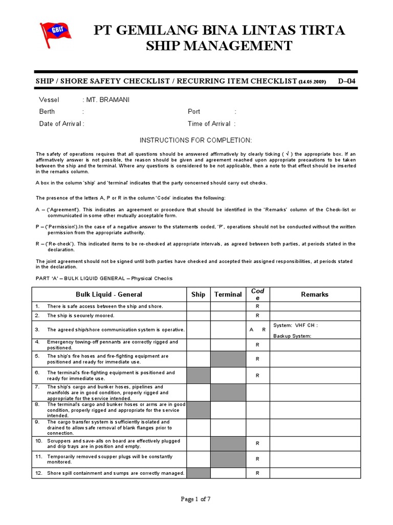 Ship/Shore Safety Checklist Guide | PDF | Oil Tanker | Ships