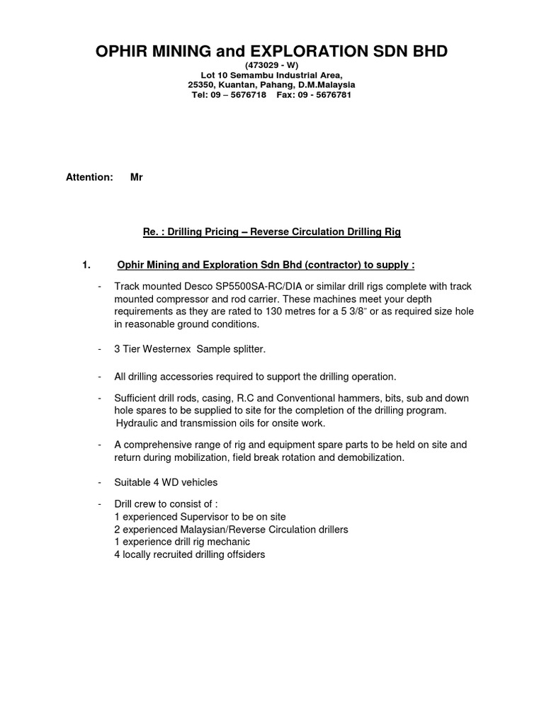 Reverse Circulation Drilling Proposal | PDF | Drilling Rig