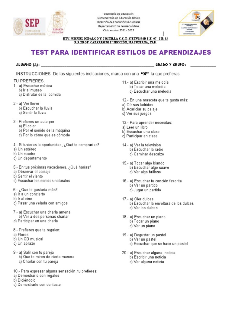Test Estilos de Aprendizaje | PDF