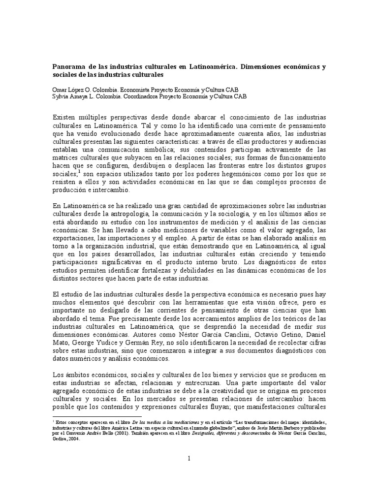 Latam Lc3b3pez y Amaya Panorama de Las Industrias Culturales en ...