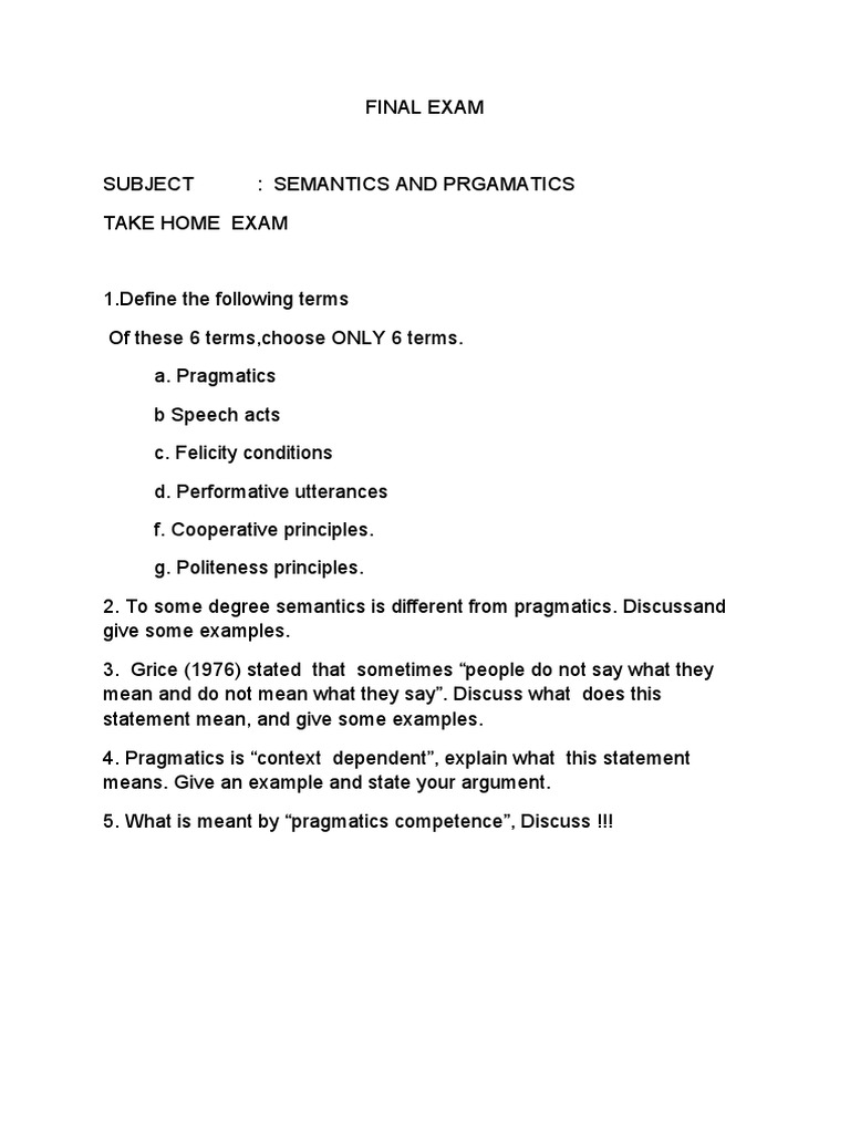 Semantics and Pragmatics Exam Guide | PDF