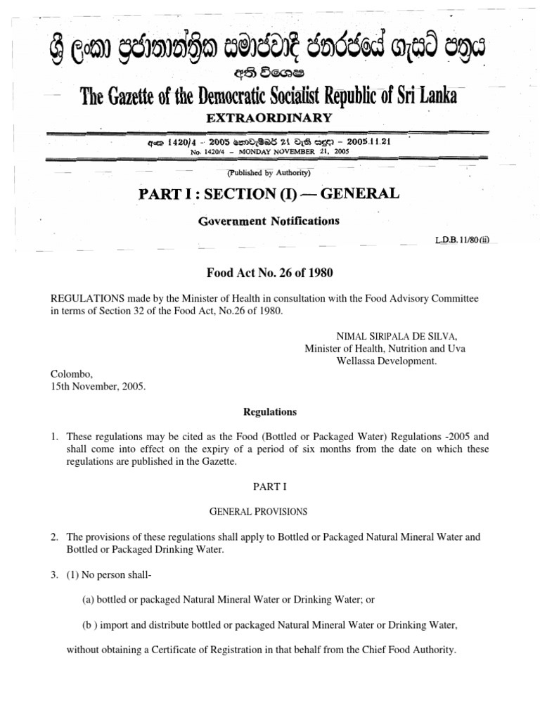 Food Act No 26 of 1980 Food Regulations 2005 en PDF Bottled Water