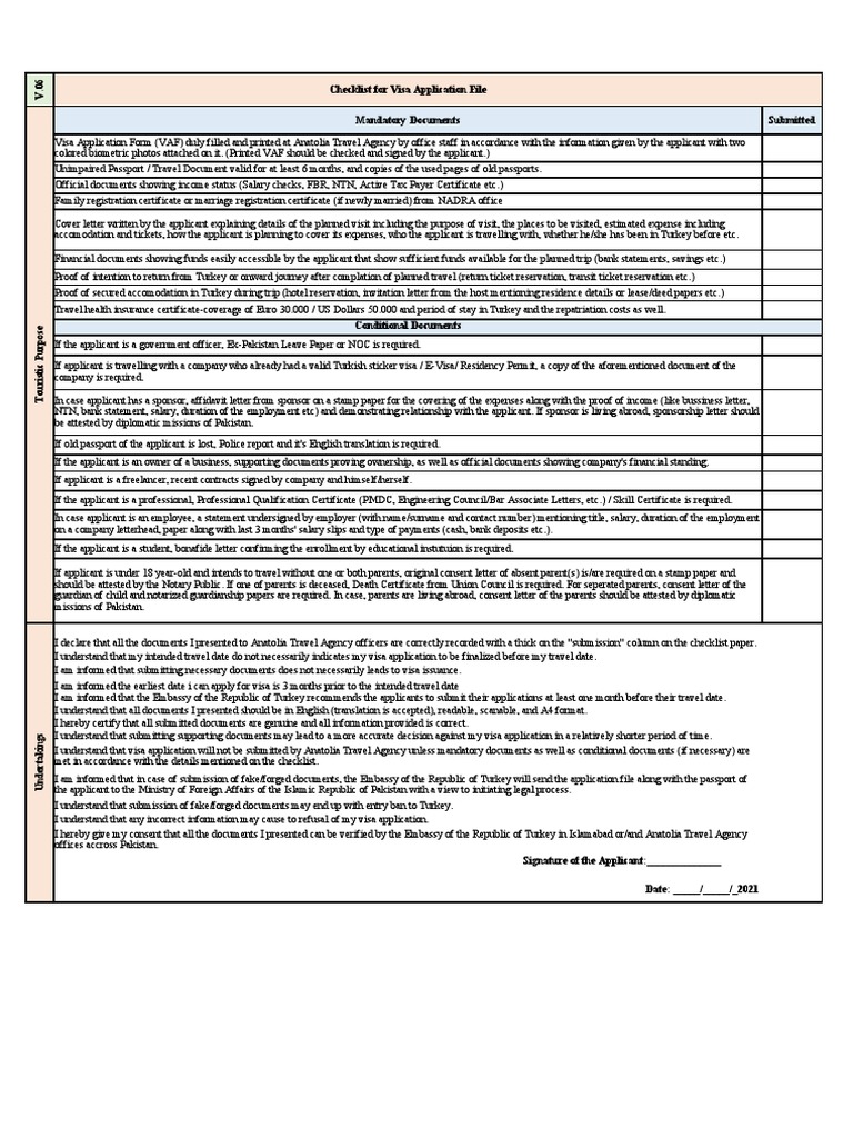 Checklist For Visa Application