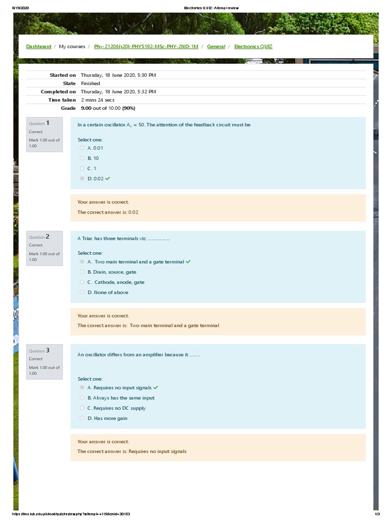 Electronics Quiz Attempt Review Pdf Electronic Oscillator Electricity