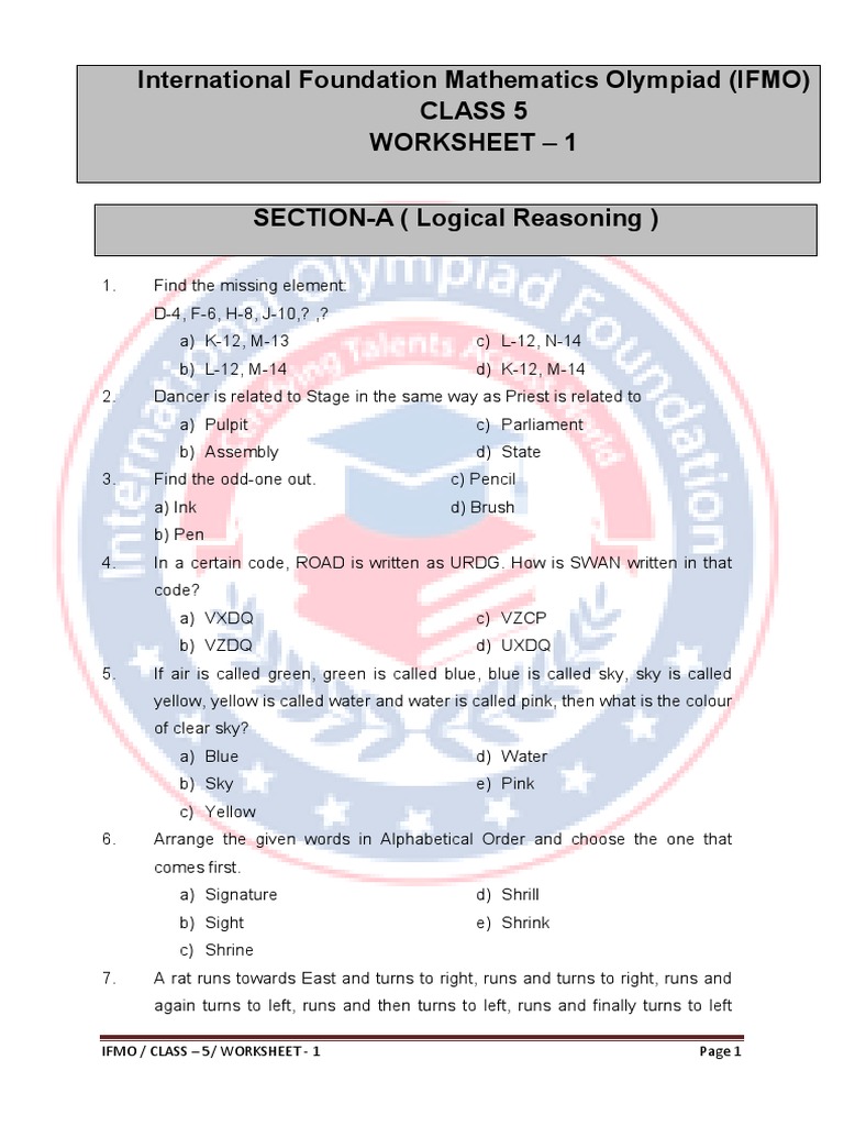Class 5 Work Sheet No. 1 | PDF | Mathematics
