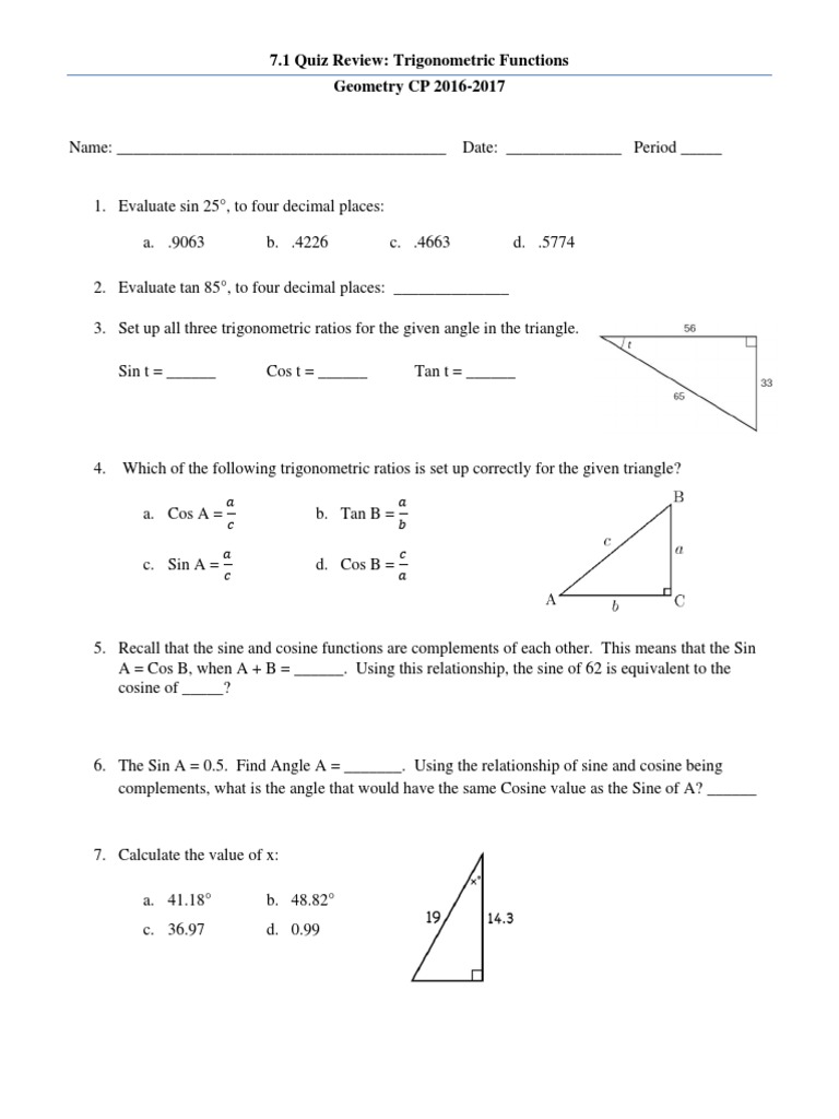 7 1 Trig Functions Quiz Review PDF Trigonometric Functions Sine