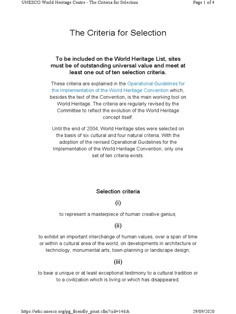 Criteria For Selection Of Ones Site As A World Heritage Site Pdf