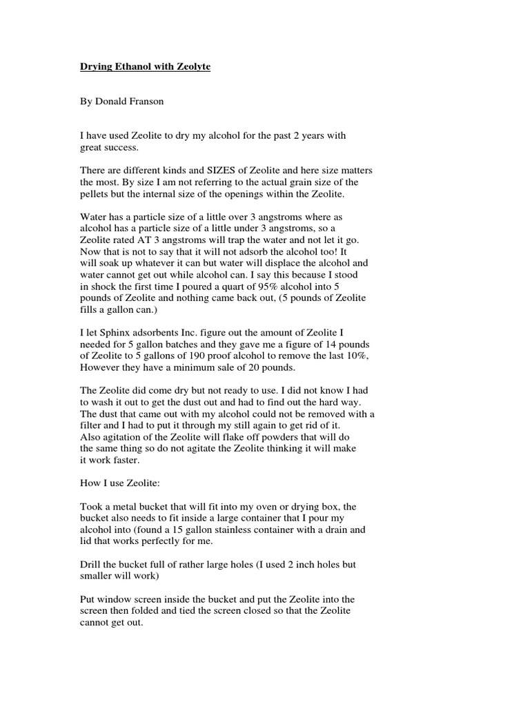 Drying Ethanol With Zeolyte PDF Zeolite Ethanol