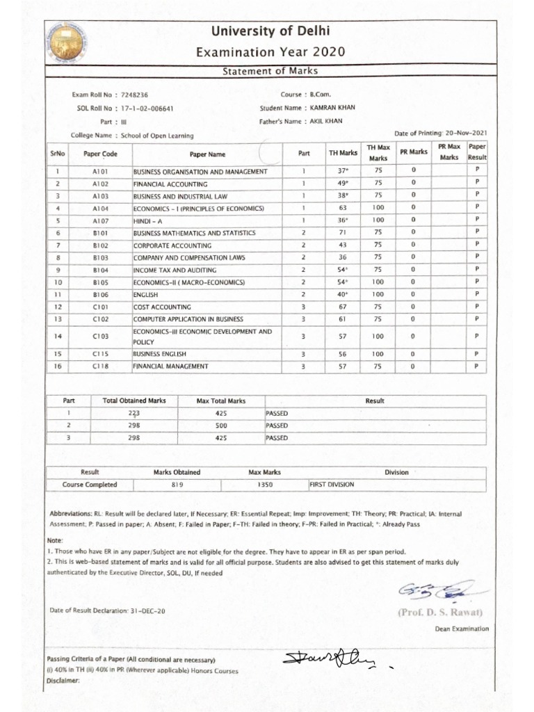 Delhi University B.Com 2020 Marks Statement | PDF | Accounting | Economies