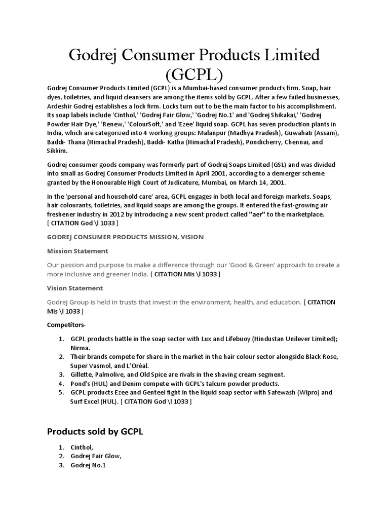 Godrej Consumer Products Limited PDF Personal Hygiene Products Economies