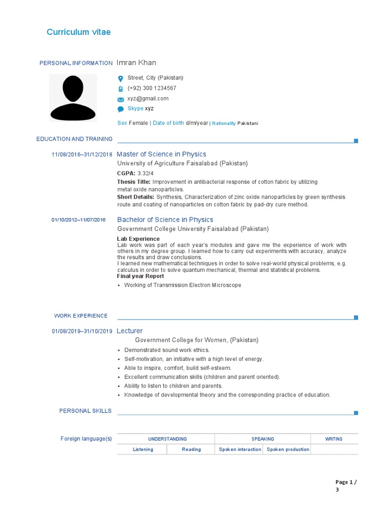 Imran Khan's Academic CV in Physics | PDF | Physics | Science