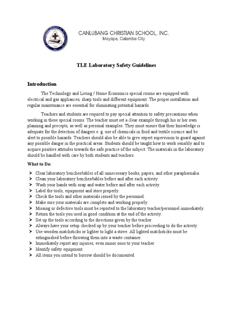 TLE Laboratory Safety Guidelines | PDF | Personal Protective Equipment ...