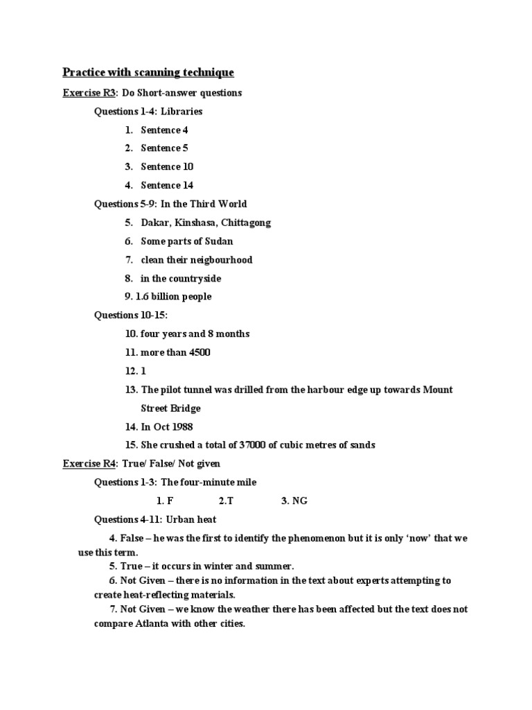 Scanning Technique Practice Exercises | PDF | Teaching Methods & Materials