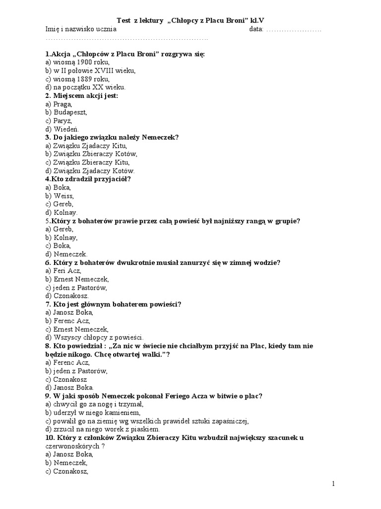 Chłopcy Z Placu Broni Test Z Odpowiedziami Do Druku Test Z Lektury Chlopcy Z Placu Broni | PDF