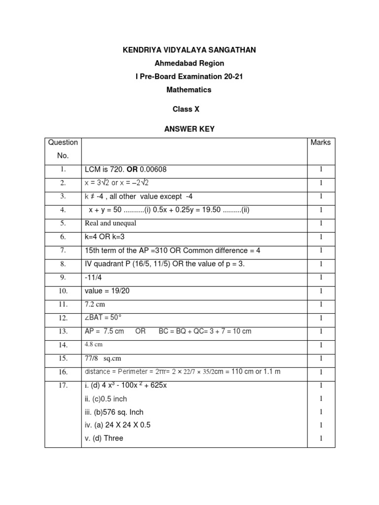 KV Class X Math Pre-Board Answer Key | PDF | Elementary Geometry ...