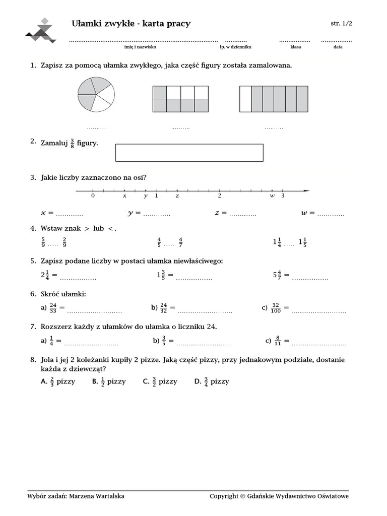 Zadania Z Matematyki Klasa 6 Ułamki Zwykłe I Dziesiętne Pdf Ułamki Zwykłe Karta Pracy | PDF