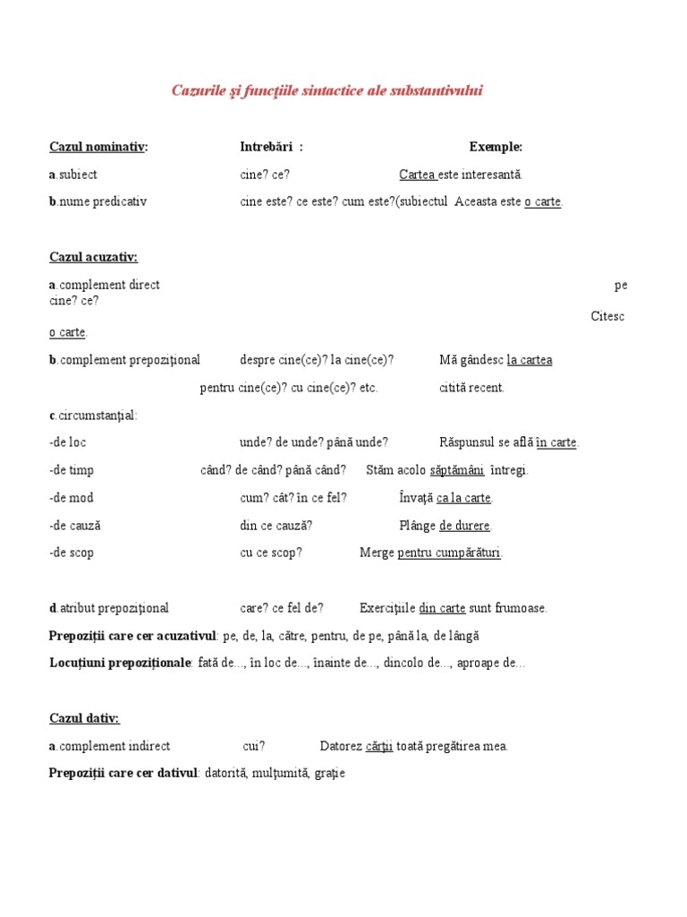 Cazurile Si Functiile Sintactice 0 Cazurile Si Functiile Sintactice Ale Substantivului | PDF