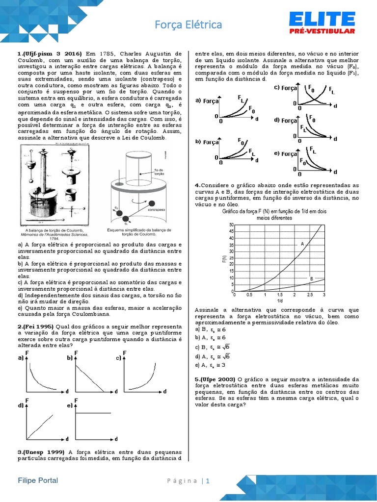 Exercícios sobre Força Elétrica | PDF | Carga elétrica | Física