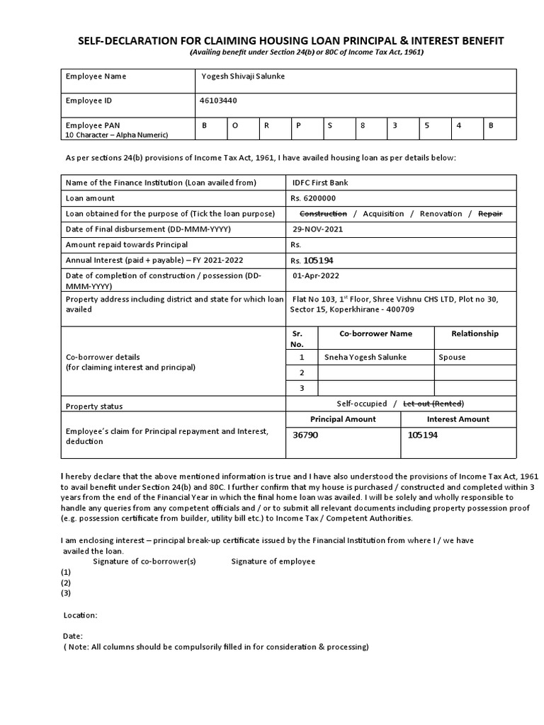 Declaration For Housing Loan PDF Loans Taxes