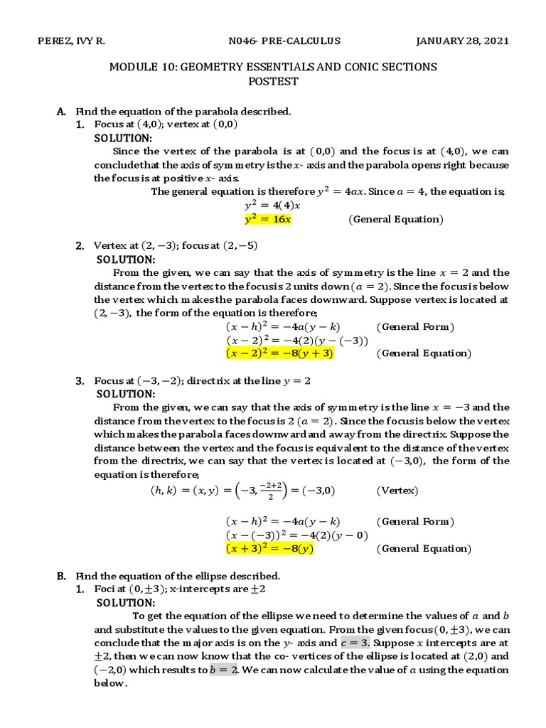 Module 10 Geometry Essentials and Conic Sections Postest Download