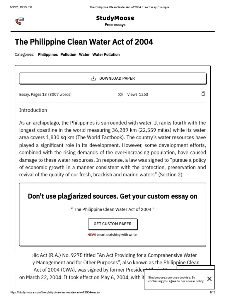 The Philippine Clean Water Act of 2004 Free Essay Example PDF Water
