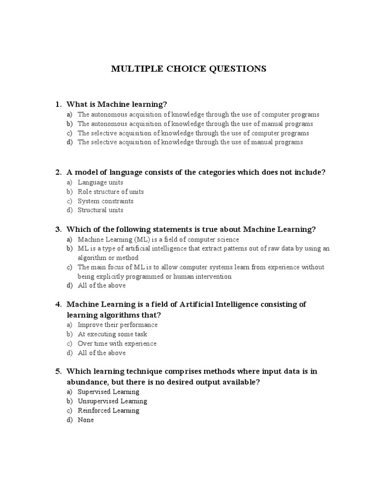 Machine Learning Quiz | PDF | Machine Learning | Neuropsychological ...