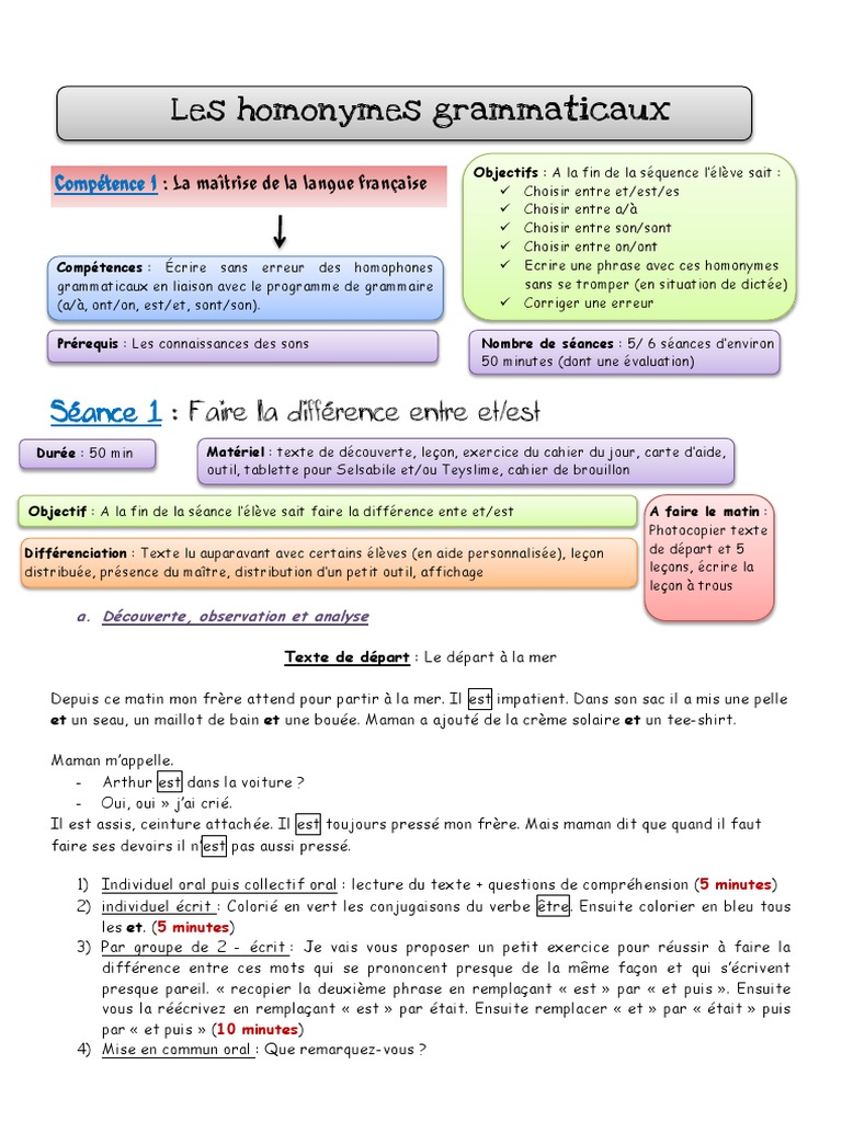 Dictée A/à Et/est On/ont Son/sont Sequences Les Homonymes Grammaticaux | PDF | Sujet (Grammaire) | Verbe