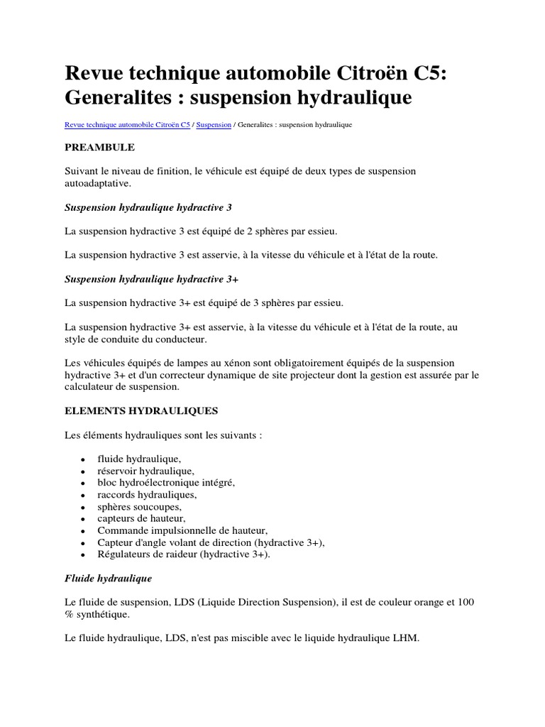 Revue Technique Citroen C5 Phase 2 Pdf Gratuit Le Système Hydraulique de La Citroën C5 | PDF | Véhicules | Biens  manufacturés