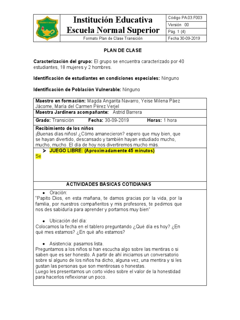 Plan de Clase Preescolar | PDF | Aprendizaje | Educación de la primera ...