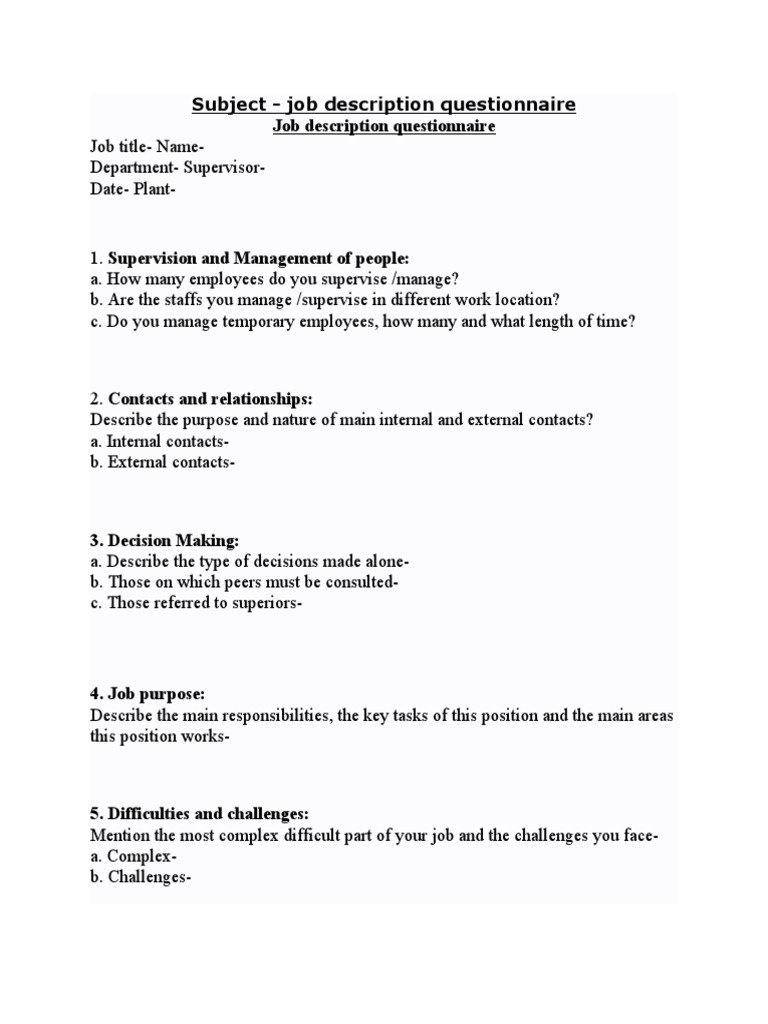 Subject - Job Description Questionnaire Job Description Questionnaire ...