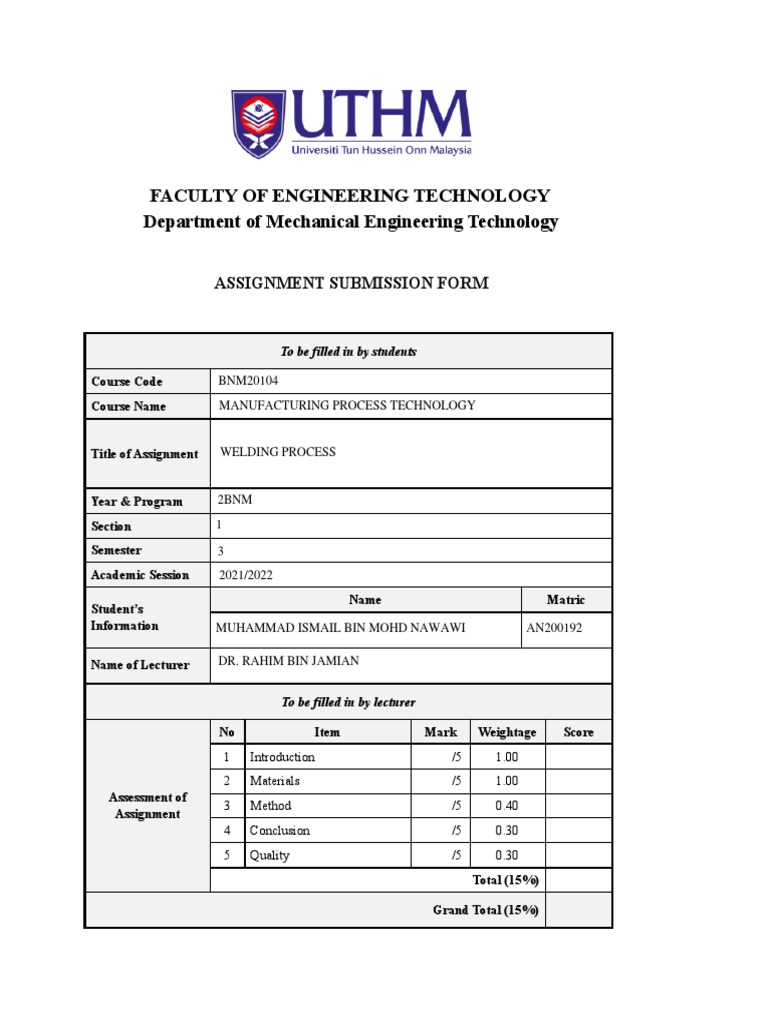 Engineering Assignment Submission Form | PDF