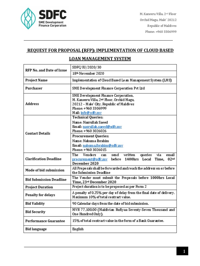 Request For Proposal (RFP) : Implementation of Cloud Based Loan ...