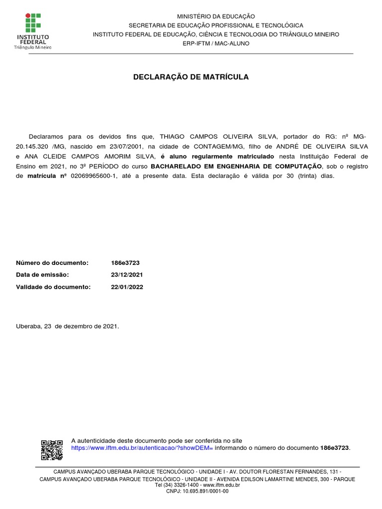 Declaração de Matrícula de Aluno | PDF