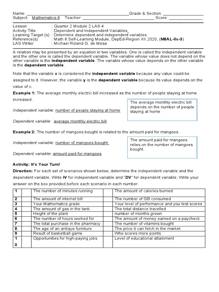 Understanding Variables in Math 8 | PDF | Dependent And Independent ...