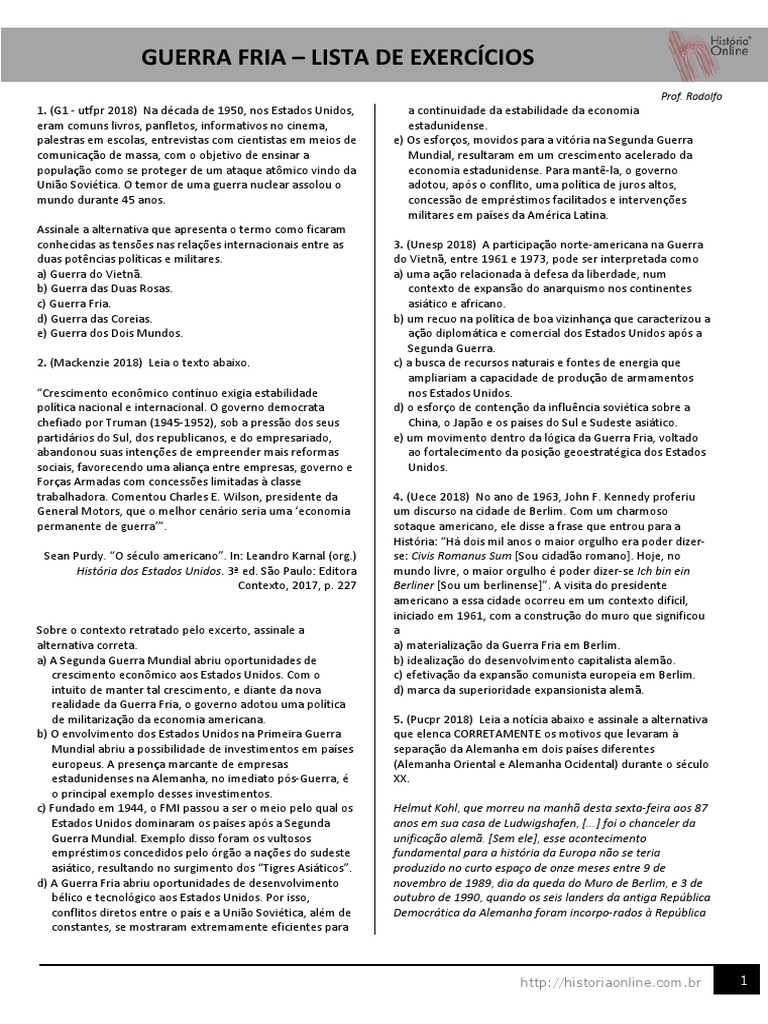 Exercícios sobre a Guerra Fria | PDF | Guerra Fria | União Soviética